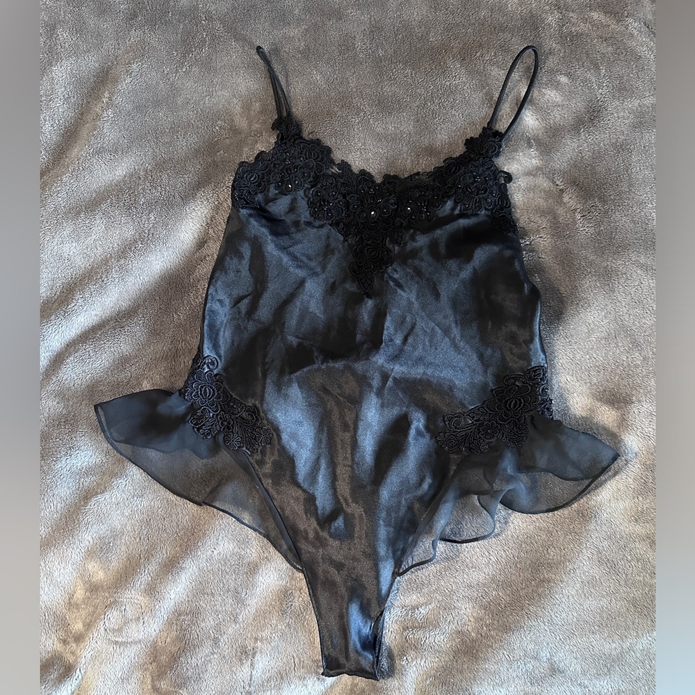 Satin and lace Black satin and Chiffon Romper wit lace and sparkle stones. Small